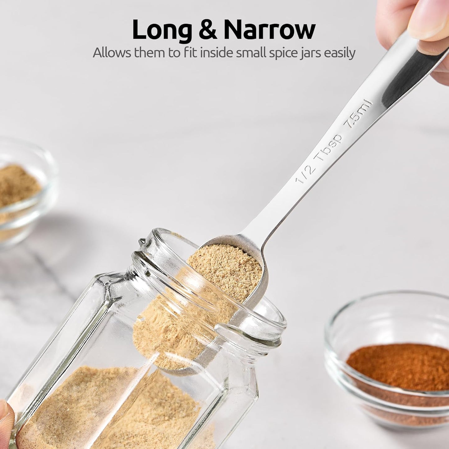 U-Taste Narrow Square Measuring Spoons: 18/8 Stainless Steel Kitchen Measure Teaspoon Tablespoon with Leveler, Polygon Rectangular Metal Jar Scoop for Baking Cooking, Coffee, Spice, Powder (Set of 6)