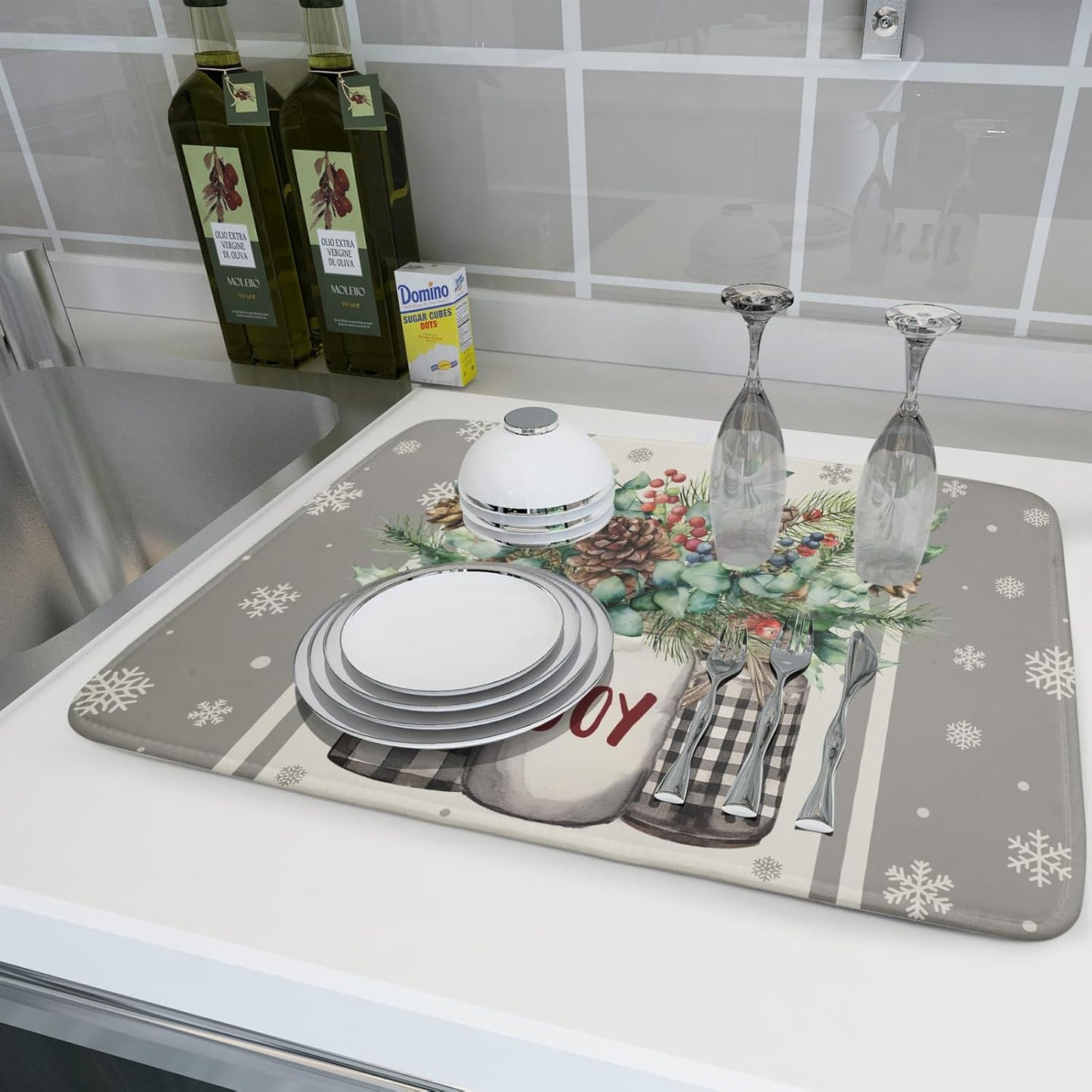 Christmas Dish Drying Mat for Kitchen Counter 18x24 Inch,Large Winter Poinsettia Berry Pinecone Grey Dish Drainer Rack Mats Heat Resistant Foldable Absorbent Draining Pad