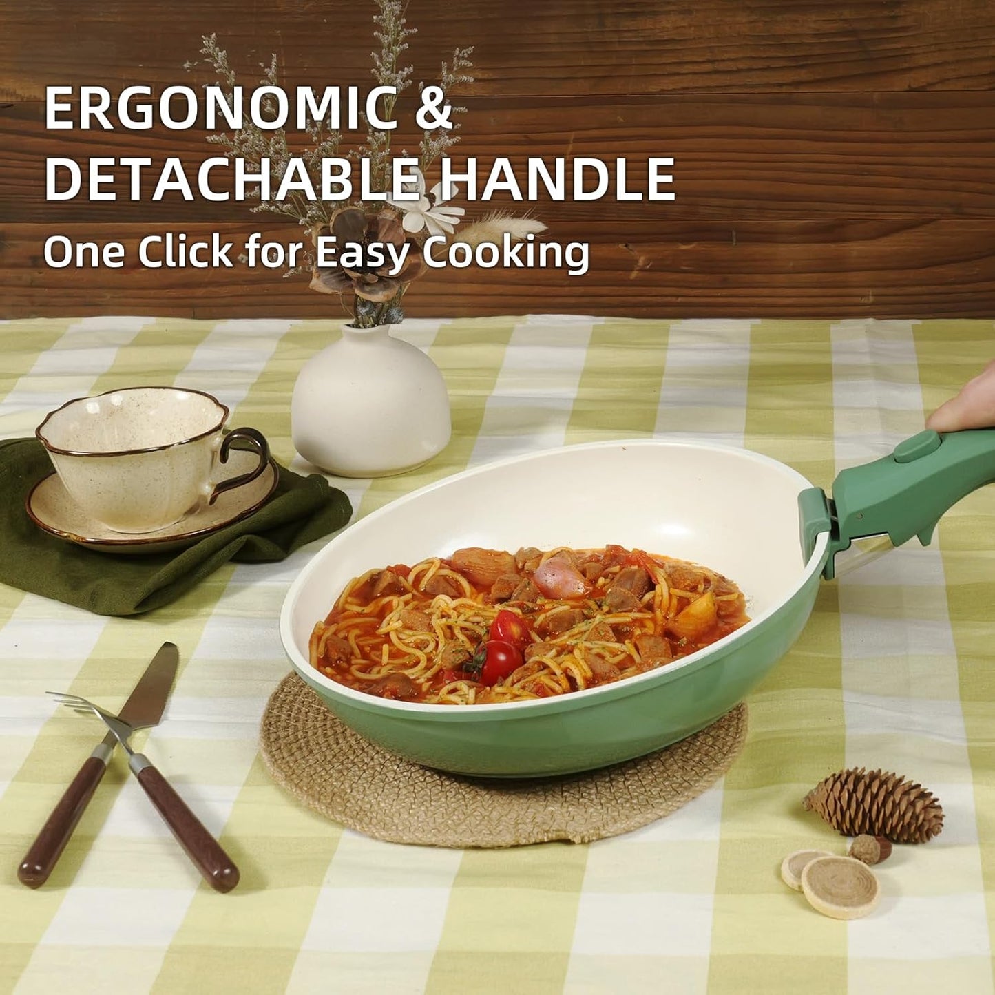 Ceramic Cookware Set Non Stick 8Pcs Pots and Pans Set Removable Handle Induction Kitchen Cookware Set with Frying Pans Oven Safe, Green