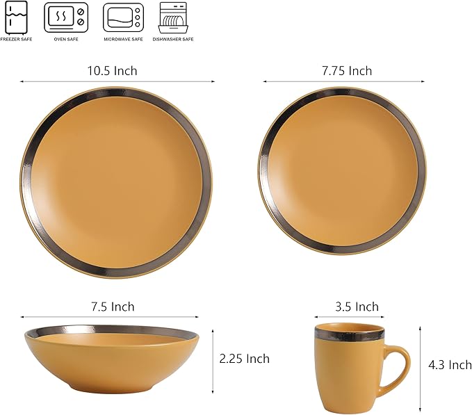 Bestone 16 Piece Round Kitchen Dinnerware Sets,Plates and Bowls sets,Dishes, Plates, Bowls, Mugs, Dish Set，Plates and Bowls,Service for 4, Stoneware (round, green and gold rim)