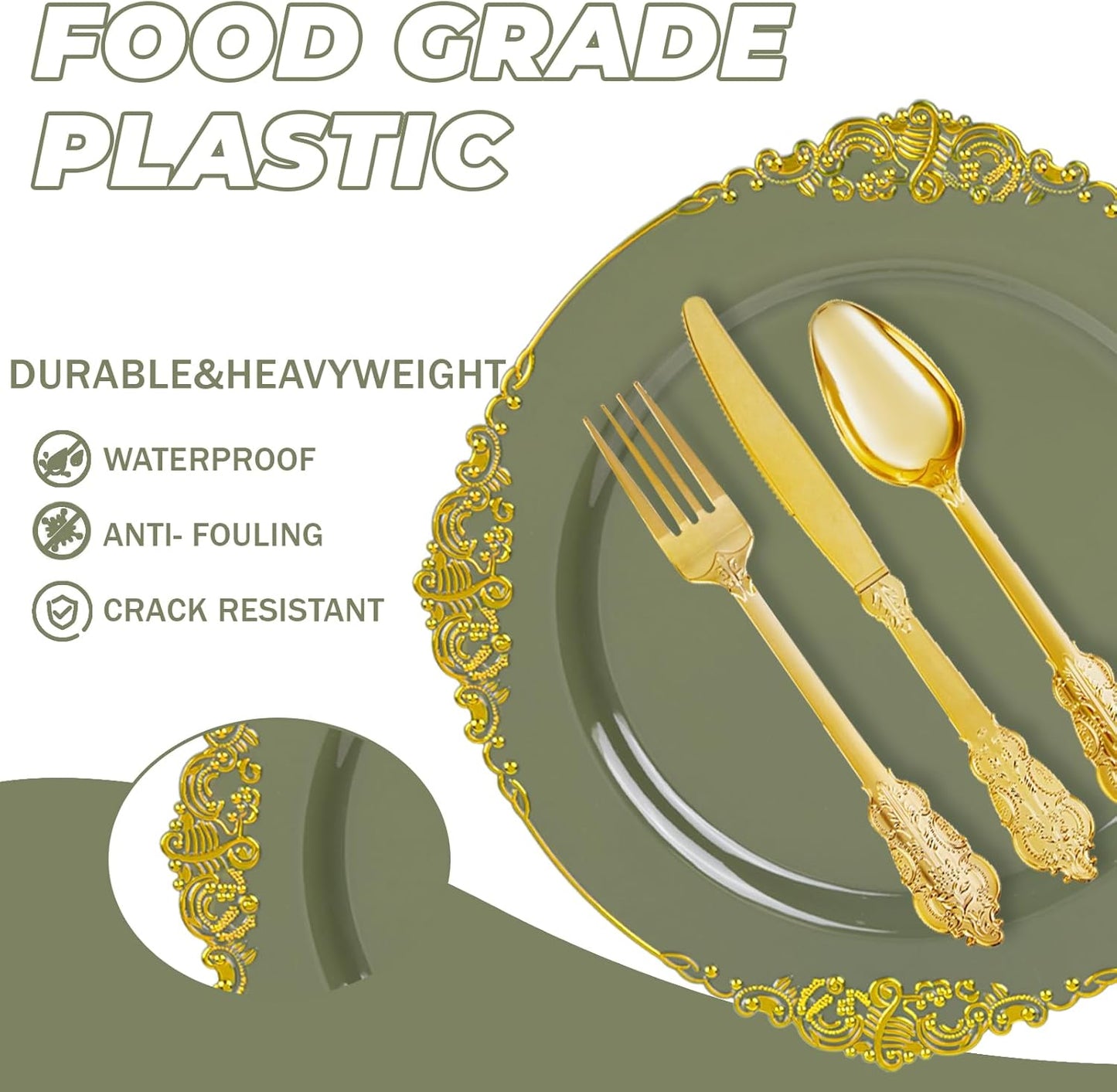 125PCS Olive Green Plastic Plates - Green and Gold Disposable Plates - Vintage Plate with Gold Plastic Silverware Sets for 25 Guests for Christmas & Party