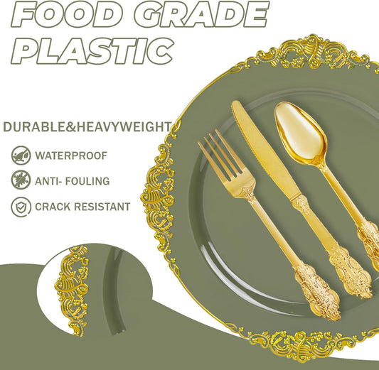 125PCS Olive Green Plastic Plates - Green and Gold Disposable Plates - Vintage Plate with Gold Plastic Silverware Sets for 25 Guests for Christmas & Party