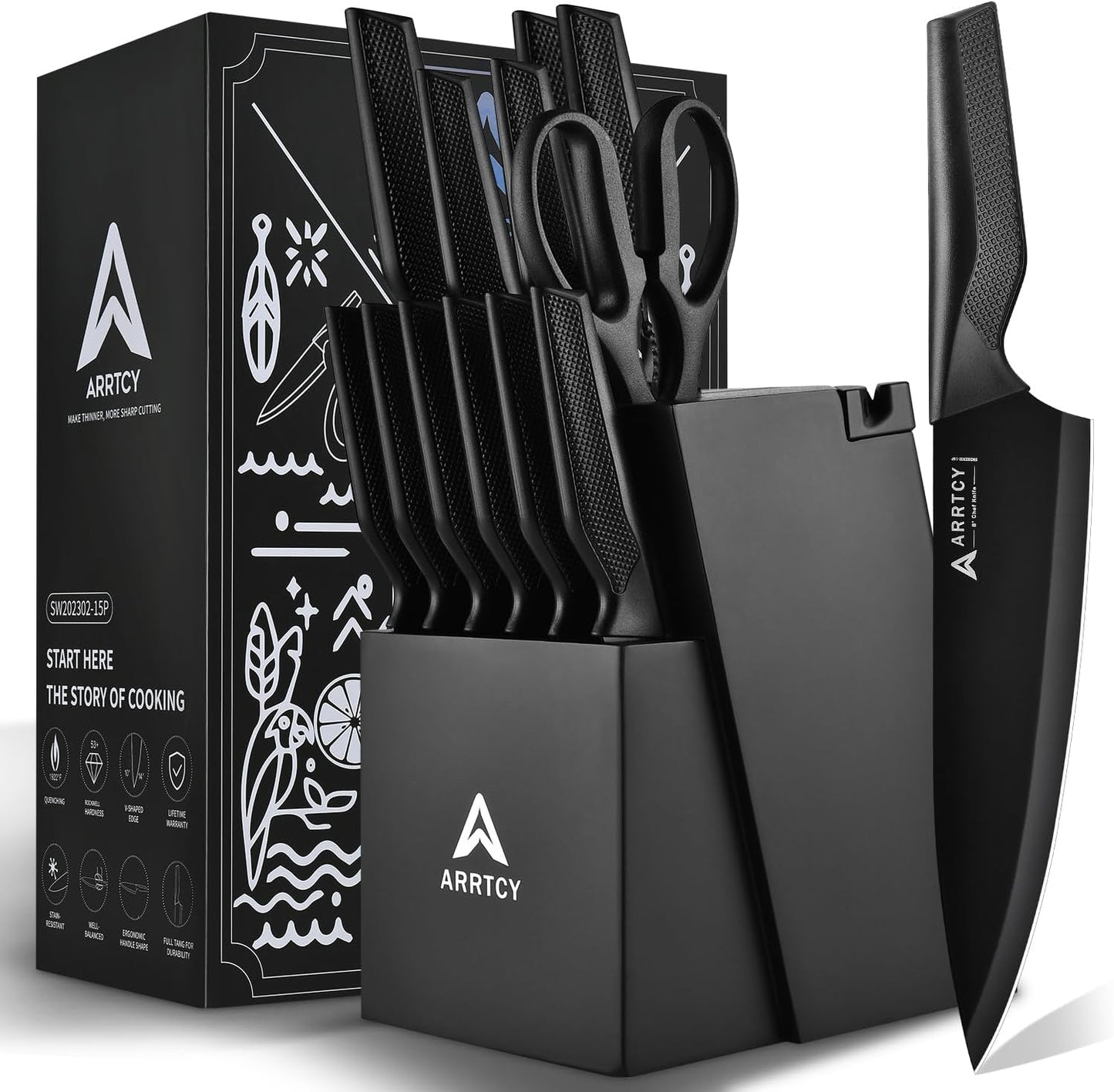Knife Set with Block - Kitchen Knife Set German High-Carbon Steel - 15-Piece with Built-in Sharpener & Dishwasher Safe - Ergonomic Anti-Slip Handles,Black,Gift Box Included