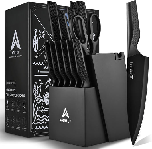 Knife Set with Block - Kitchen Knife Set German High-Carbon Steel - 15-Piece with Built-in Sharpener & Dishwasher Safe - Ergonomic Anti-Slip Handles,Black,Gift Box Included