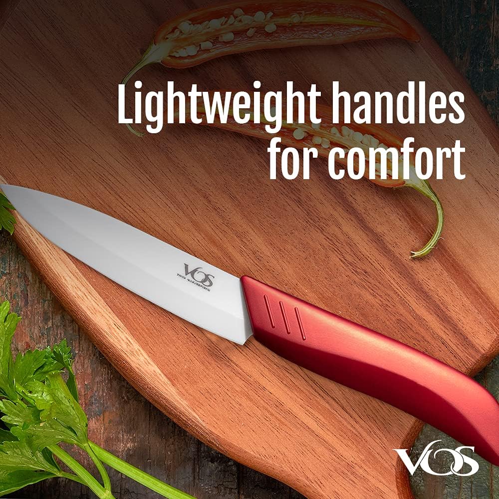 Vos Ceramic Knife Set in Elegant Gift Box, Ceramic Knives Set For Kitchen, Ultra Sharp Kitchen Knife Set with Covers, 4" 5" 6" Paring, Santoku & Chef Knife, Lightweight, Dishwasher safe (Red Handle)