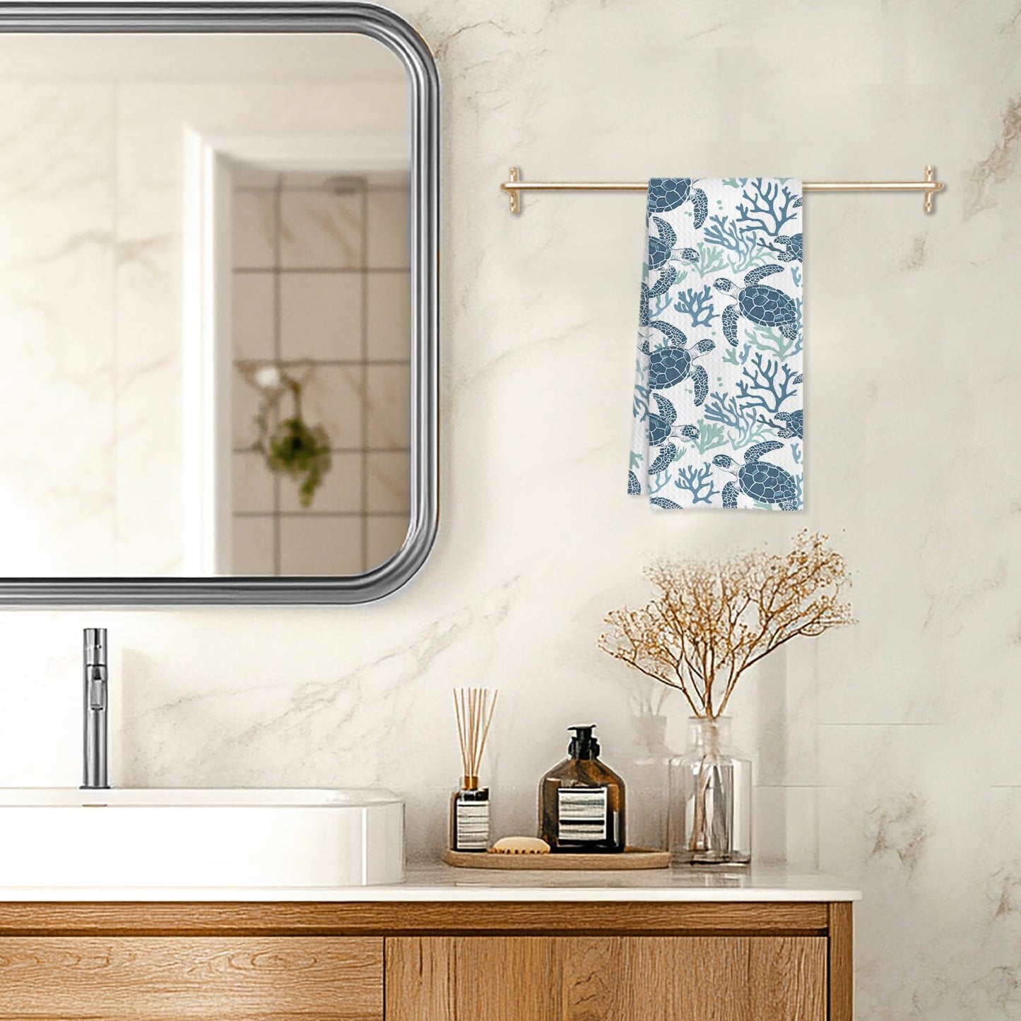 Coral Sea Turtle Coastal Kitchen Towels, Navy Blue Beach Hand Towels for Bathroom, Blue Ocean Animal Beachy Nautical Dish Tea Towels for Kitchen Decor, 16x24 Inches