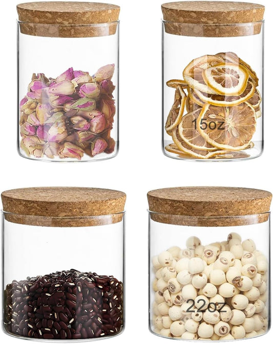 Airtight Glass Jars with Cork Lids - 2 Sizes Glass Storage Containers, Food Storage Jars for Coffee, Tea, Spices, Flour, Snacks, Cereal, Dry Goods - Clear Canisters for Countertop or Cabinet(4)