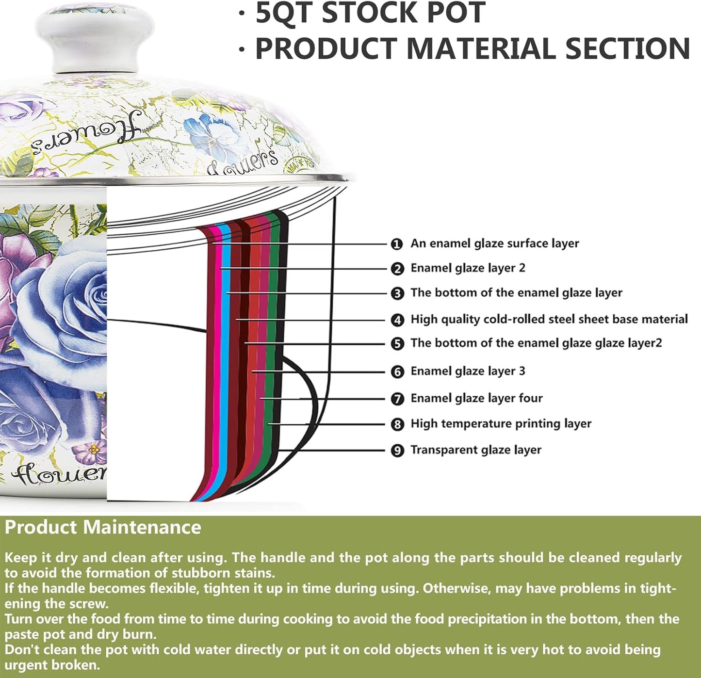 Retro Flower Enamel Stockpot with Lid,Stockpots for Cooking (5L-Blue Rose)