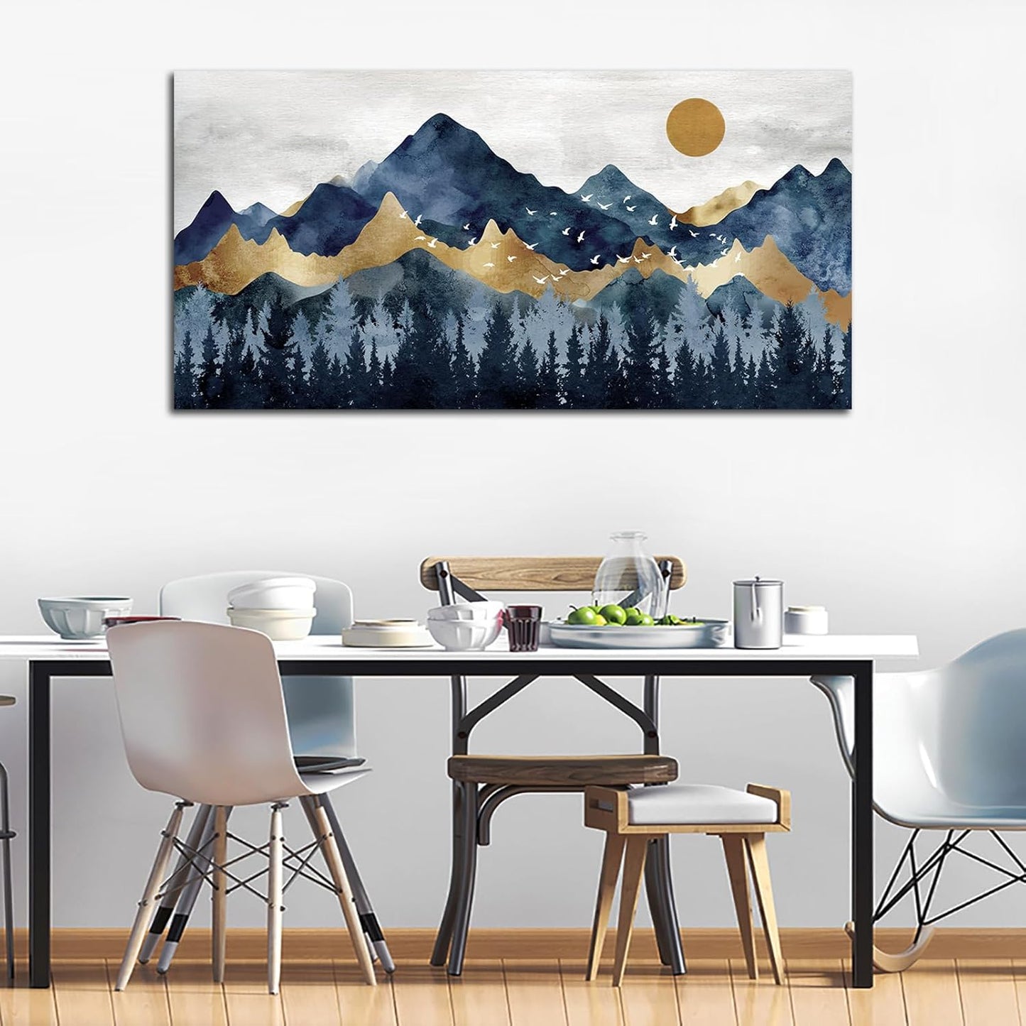 Abstract Nordic Canvas Wall Art - Indigo Blue and Brown Mountain Forest Picture Wall Decor Sun Birds Canvas Painting Nature Landscape Prints Artwork for Living Room Bedroom Decoration 29" x 58"