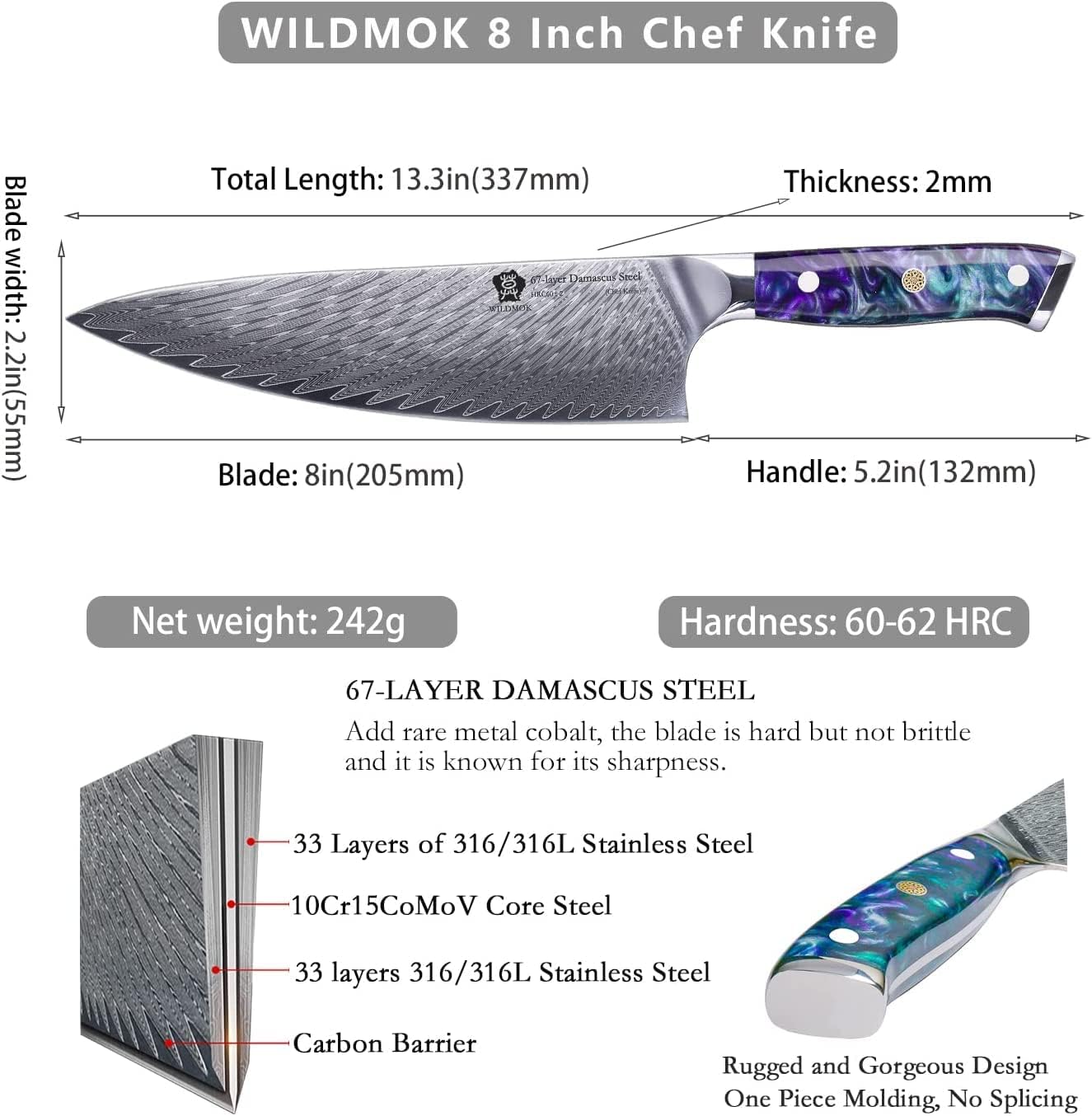 WILDMOK Damascus Chef Knife, 8 inch Japanese chef's knives, Resin Handle kitchen knife, sharp knives kitchen Cooking Knife, chef's knives Including Gift Box