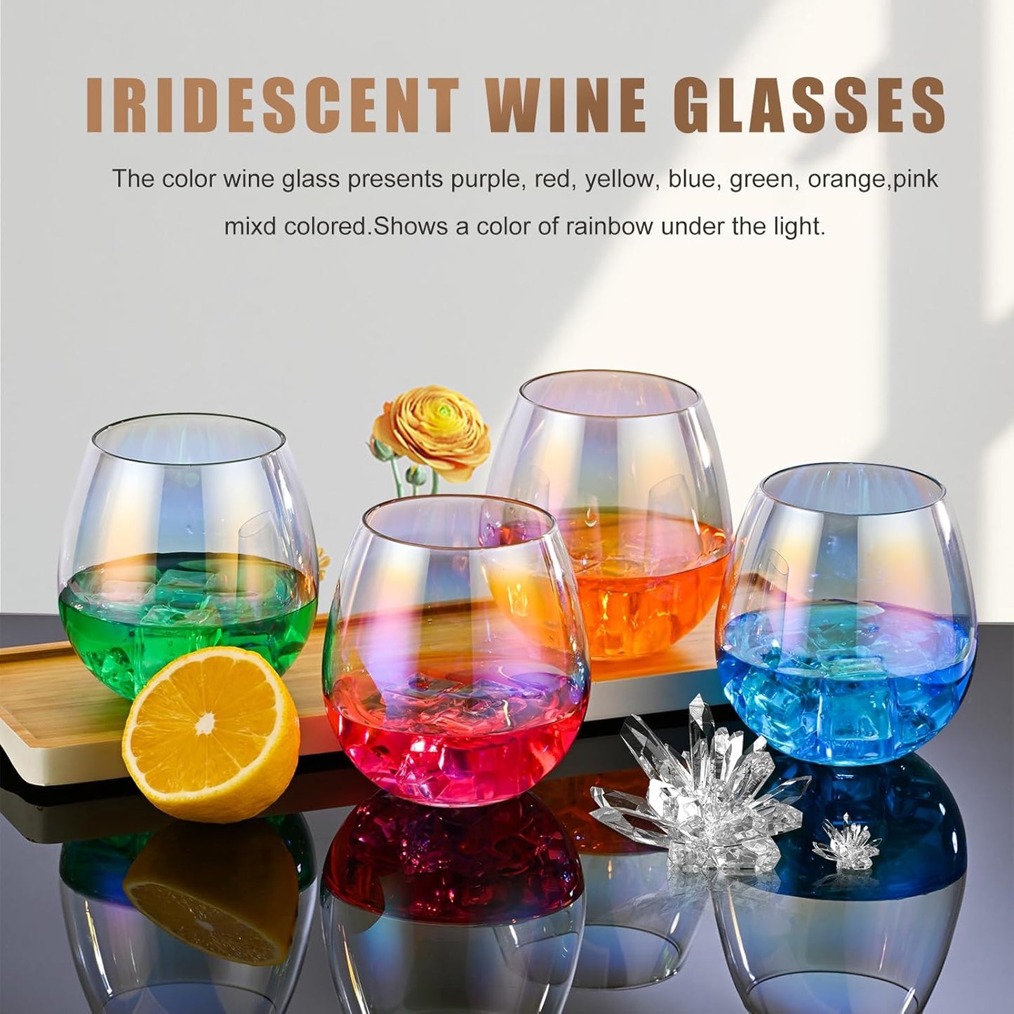 CUKBLESS Stemless Wine Glasses Set of 6, Iridescent Wine Glass for Red or White Wine, 15 oz, for Birthdays,weddings,Anniversaries