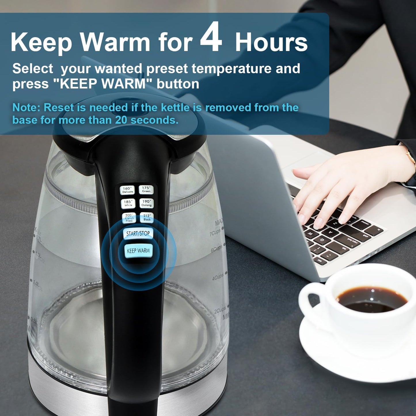 1500W Electric Kettle with Temperature Control - 6-Temp Presets for Tea/Coffee, Double Wall Cool-Touch, 4H Keep Warm, 1.7L Borosilicate Glass & BPA-Free, Fast Boil for Home/Office