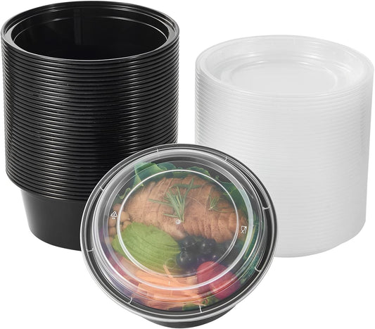FULING 38 oz 150 ct Round Meal Prep Containers with Lids Plastic Food Storage To Go Lunch Plan Box Disposable Take Out Bowls Black BPA Free Reusable Durable Stackable Microwave Freezer Dishwasher Safe