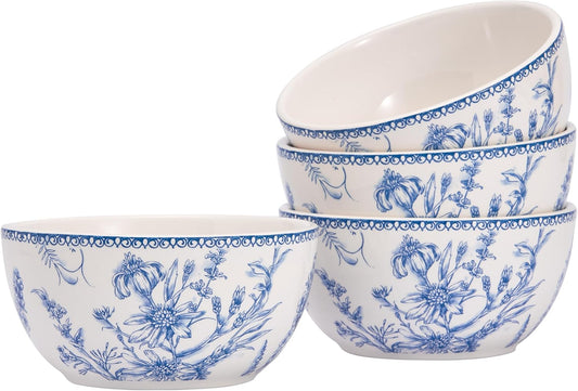 Bico Blue Garden Toile De Jouy Cereal Bowls Set of 4, 26 oz Deep Ceramic Soup Bowls for Cereal, Salad, Noodles, Kitchen, Microwave and Dishwasher Safe, Gift for Housewarming and Thanksgiving