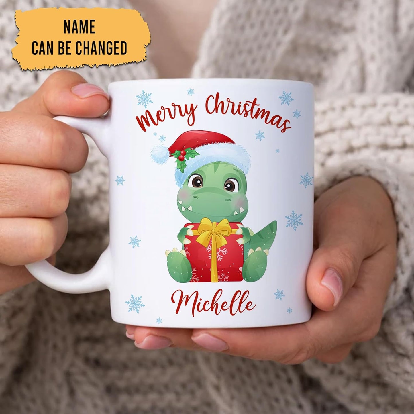 Hyturtle Personalized Gifts Dinosaur Lover - Dinosaur Wearing Santa Hat Custom Name Ceramic Coffee Mug Cup 11oz - Cute Animal Lovers Gifts For Women, Girl kids Family On Birthday, Christmas