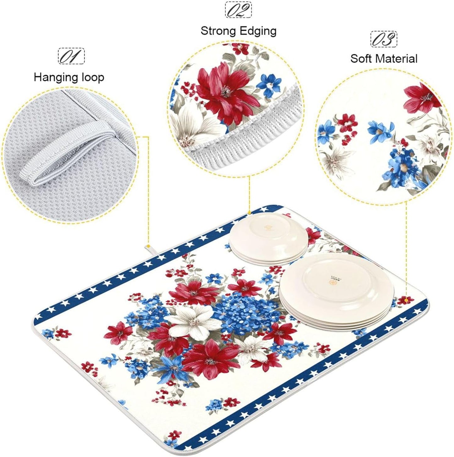 Flowers and Stars Dish Drying Mat for Kitchen Counter Super Absorbent Dishes Pad Reversible Microfiber Protector Dish Draining Mats 16x18 inch