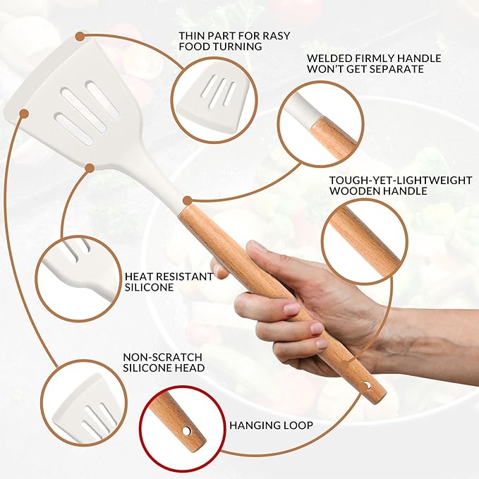 E-far Kitchen Utensils Set of 12, Silicone Cooking Utensils with Holder, Non-stick Cookware Friendly & Heat Resistant, Includes Spatula Tong Whisk Ladle Brush Slotted Turner Spoon (White)