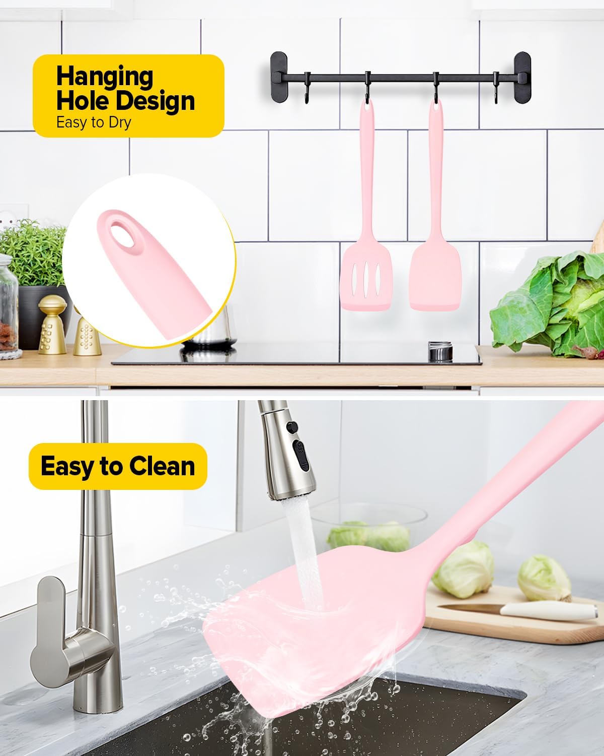 Pack of 2 Silicone Spatula Turners, Non Stick Slotted Kitchen Spatula Set, Heat Resistant BPA Free Kitchen Utensils, One-Piece Design, Suitable for Flipping Fish, Eggs, Steak, Pancakes (PINK)