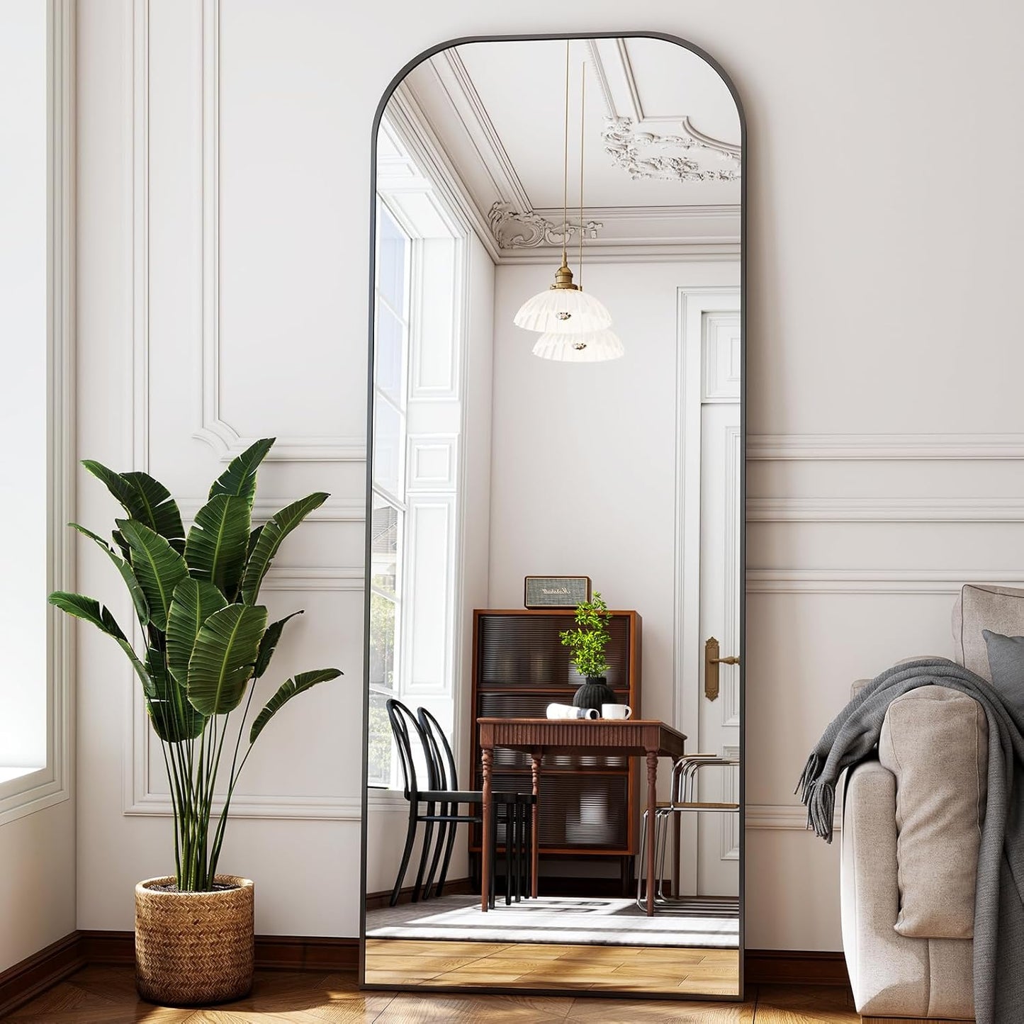 56x21 Inch Full Length Mirror - Large Floor Standing & Wall Mountable Full Body Mirror with Sturdy Aluminum Frame, Arched Top Design, Freestanding or Hanging for Bedroom, Living Room, Cloakroom,Black