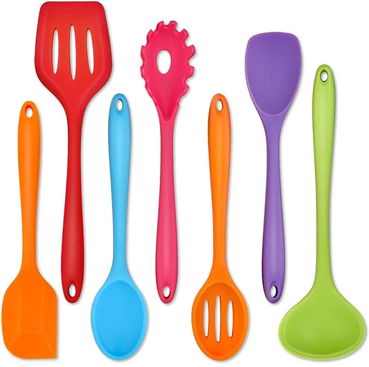 P&P CHEF Silicone Cooking Utensils Set of 7, Heat-proof Kitchen Utensils Set for Nonstick Cookware, Non-stick Spatula, Slotted Turner, Soup Ladle, Pasta Server, Spoon for Cooking Serving - Multicolor
