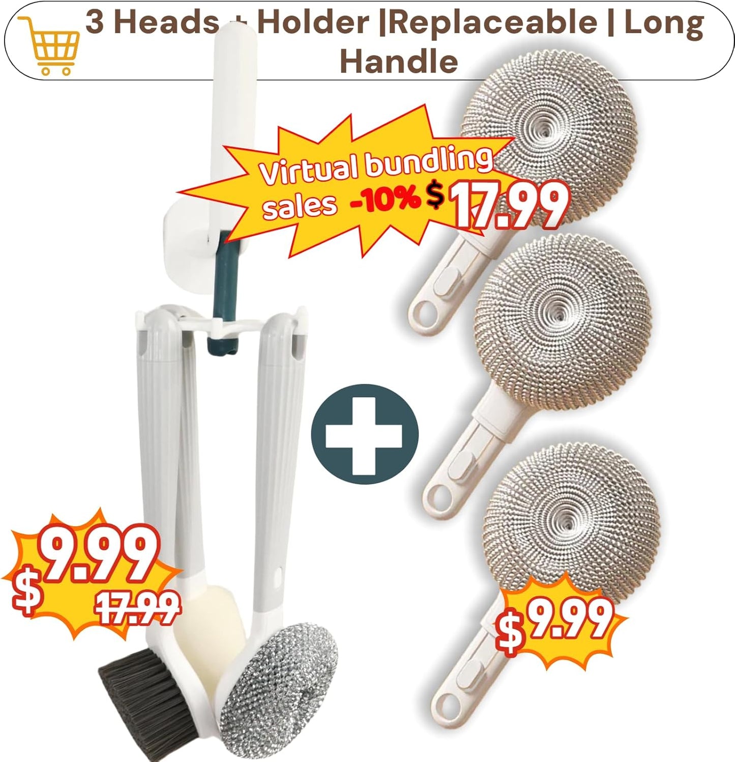 Dish Brush Set of 4 with Holder.Interchangeable Heads Kitchen Scrub Brush,Dishwashing Brush Set with Extended Handle,for Cleaning Pots,Pans,Bottles,Cups,Sinks,scrubbers for Dishes.Green