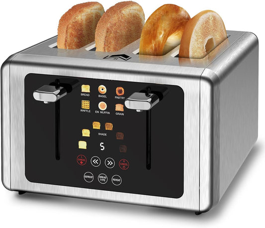 4 Slice Toaster, Touchscreen & Dual Independent Control Panel，5 Basic Functions & Digital Countdown Toasters, 6 Shade Settings＆6 Bread Types, Smart Bread Maker Mute/Screen-Off,Brushed steel