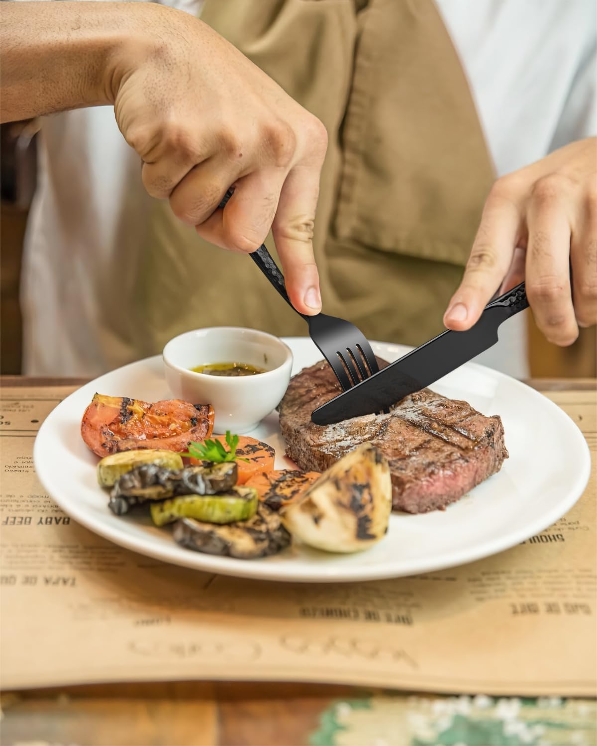 Black Silverware Set, Ollex 60-Piece Heavy Duty Hammered Flatware Set for 12, Food-Grade Stainless Steel Knives Forks and Spoons Utensil Set, Mirror Cutlery Set for Home Restaurant, Dishwasher safe