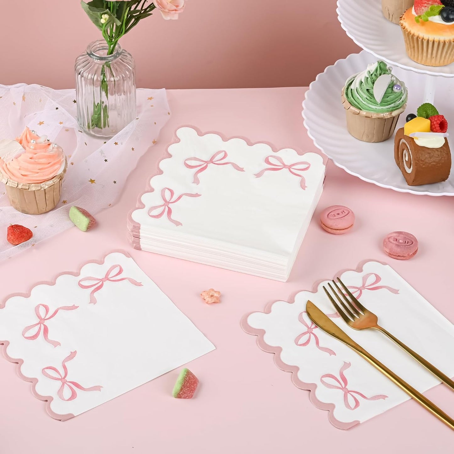 100 Pink Bow Paper Napkins Coquette Cute Disposable Party Napkins 6.5" Scalloped Edge White Pink Hand Towels for Birthday Bridal Bachelorette Party Supplies
