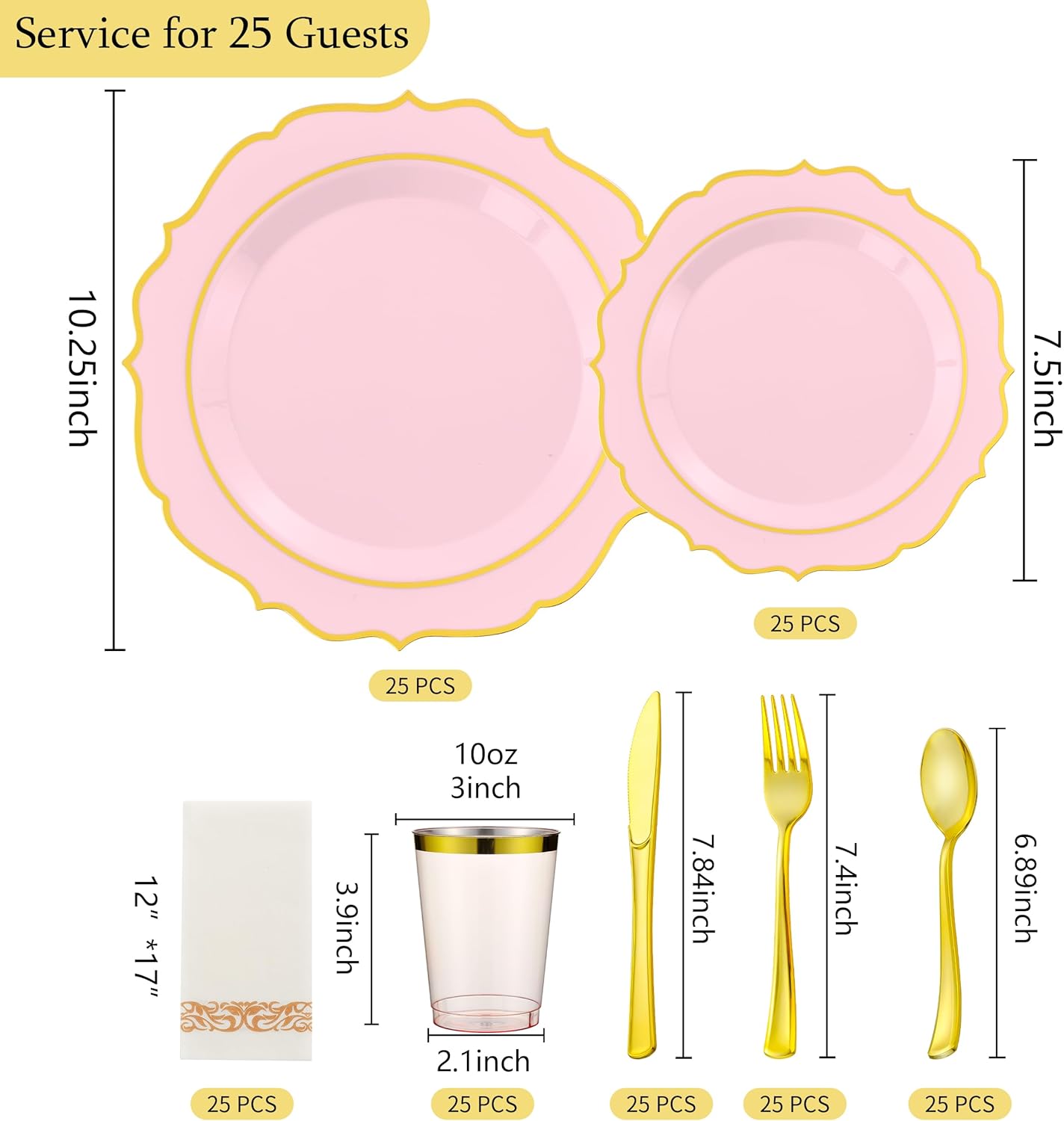 175 PCS Pink Plastic Plates for 25 Guests, Pink and Gold Disposable Dinnerware Set for Party Wedding Include 25 Dinner & 25 Dessert Plates, Spoons, Forks, Knives, Cups, 25 Napkins