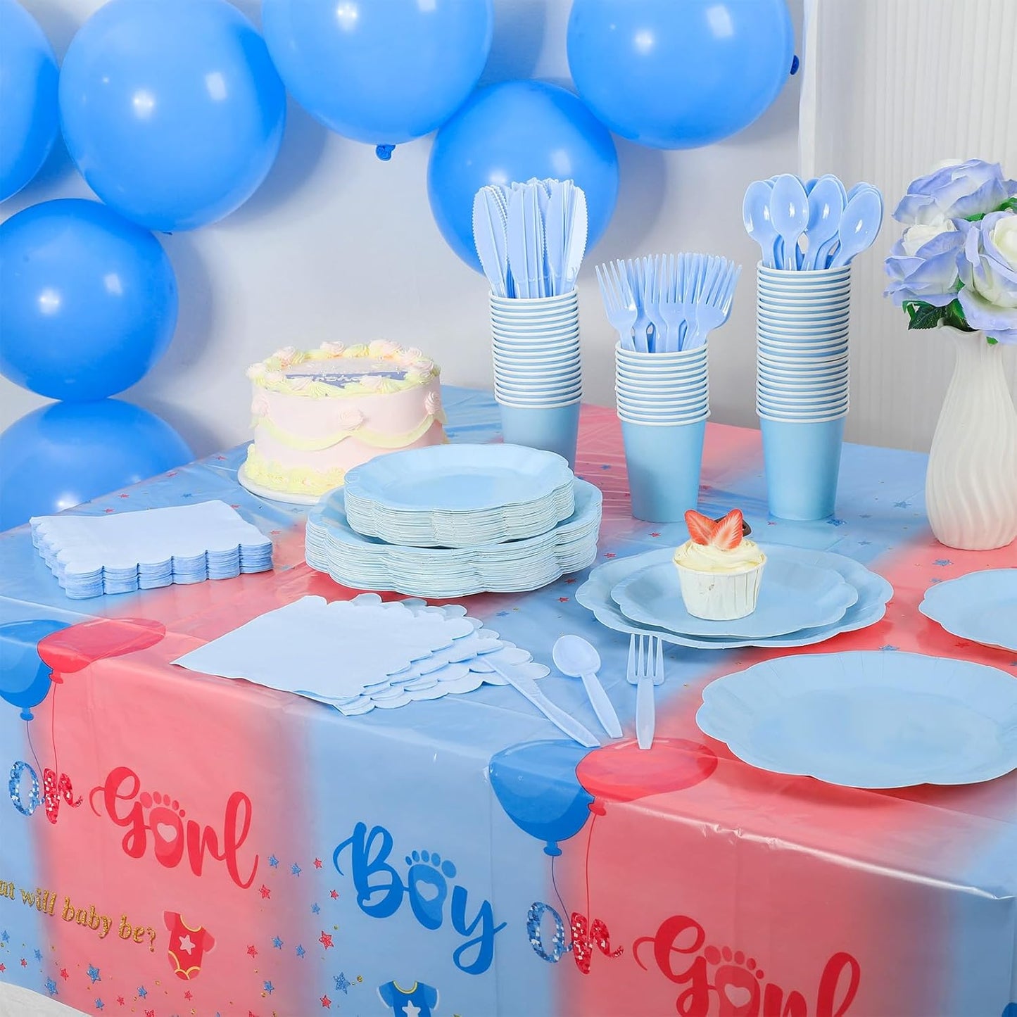 350 Pcs Light Blue Party Supplies Include Scalloped Plate Napkin Cup Forks Knives, Plastic Cutlery 50 Guest Disposable Party Tableware Set for Wedding Baby Shower Bridal Shower Birthday Parties