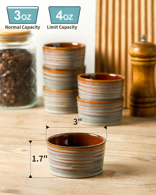 Hasense Ramekins Oven Safe, Ceramic Creme Brulee Dish for Baking Set of 6, 4 Ounce Dipping Sauce Bowls for Pudding, Souffle,Serving Dip,Custard,Ice Cream, Light Grey