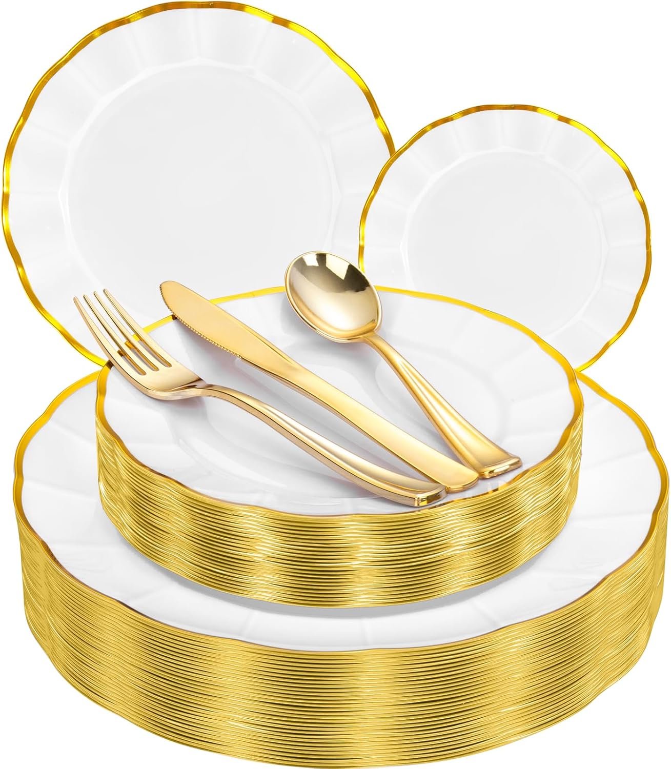 EI 150pcs White Plastic Plates with Gold Plastic Silverware,Disposable Plate Heavy Duty,White Dinnerware Set,Elegant Plates for Party,Wedding,Afternoon Tea,Birthday