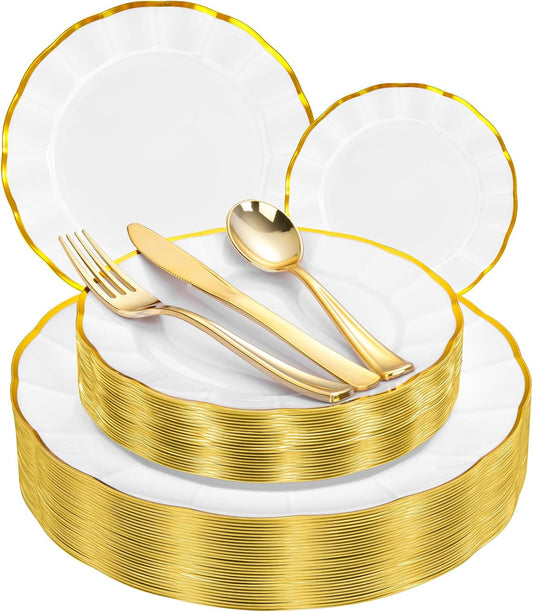EI 150pcs White Plastic Plates with Gold Plastic Silverware,Disposable Plate Heavy Duty,White Dinnerware Set,Elegant Plates for Party,Wedding,Afternoon Tea,Birthday