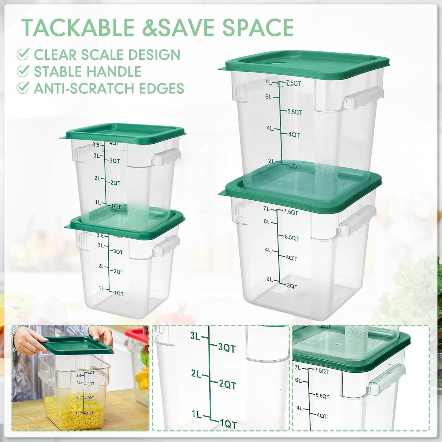 Lallisa 4 Pcs 8 Qt and 4 Qt Clear Food Storage Containers with Lids, Handles and Scales, Commercial Grade Square Containers Polycarbonate Air Tight for Home Storage Kitchen Restaurant(Green)