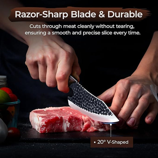 Meat Cleaver Butcher Knife Set of 17Pcs, Hand Forged Kitchen Knives Set, High Carbon Steel Chef Knife Set with bag & 6 Accessories, Boning Knives for Meat Cutting, Outdoor Cooking BBQ Camping Gift