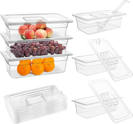 6 Pack Plastic Food Pans with Lids, 1/3 Size 4'' Deep Clear Commercial Stackable Polycarbonate Pans Hotel Food Storage Pan with 1 Pcs Spoon for Fruits Vegetables