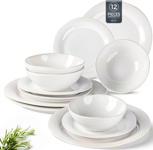 AmorArc Ceramic Dinnerware Sets, Handmade Stoneware Reactive Glaze Plates and Bowls Set, Scratch Resistant | Dishwasher & Microwave Safe Dishes Set, Service for 4 (12pc)