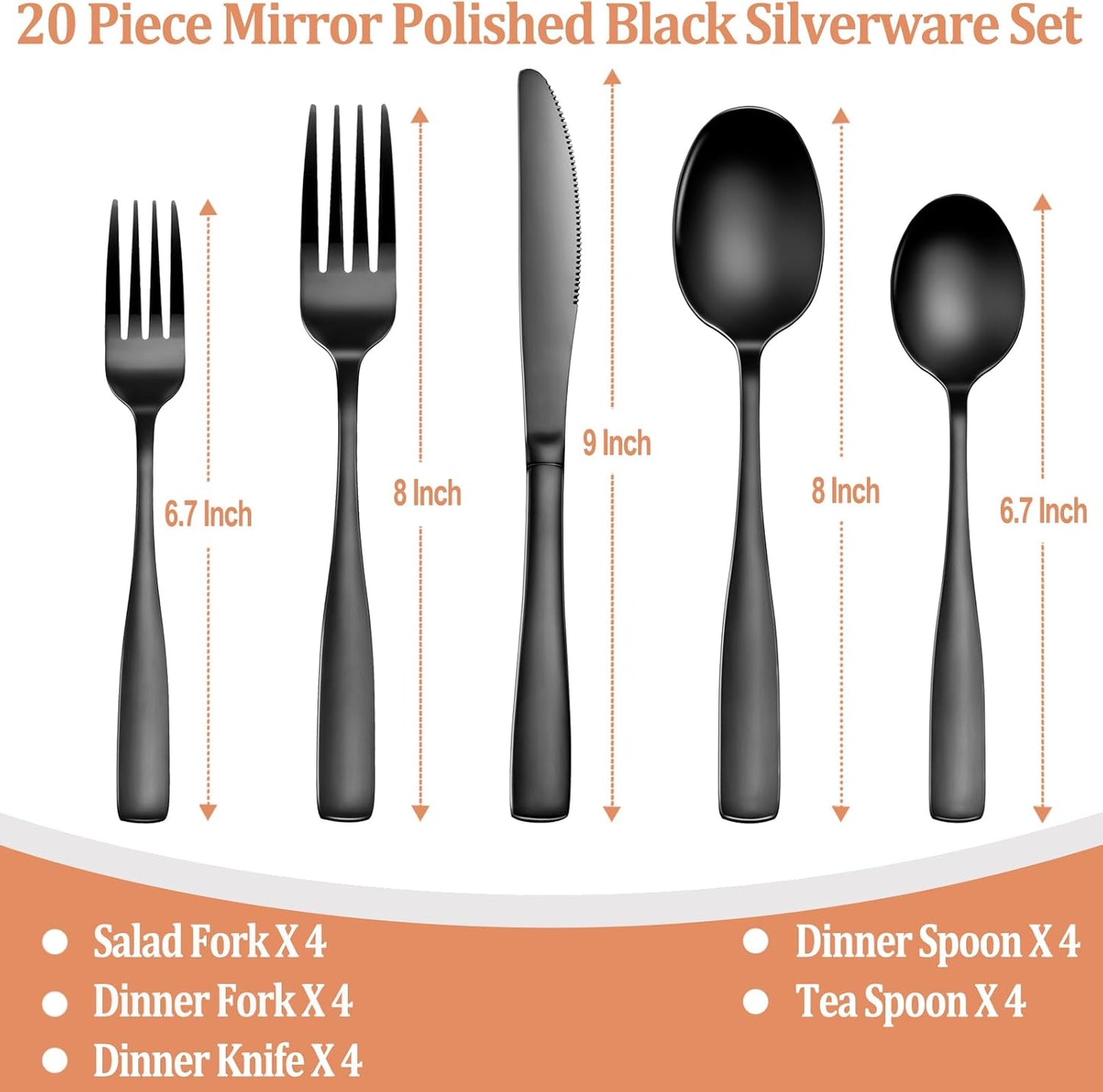 20 Pcs Black Silverware Set, Food-Grade Stainless Steel Flatware Set for 4, Square Cutlery Set, Mirror Polished Tableware Eating Utensils Set for Kitchen, Include Knife Fork Spoon Set,Dishwasher Safe