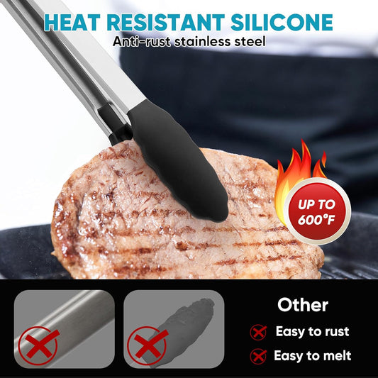 3 Pack Silicone Tongs for Cooking,Maywe Tanso 9 Inch Cooking Kitchen Tongs with Silicone Tips,Nonstick Stainless Steel Tongs for Steak Pie Pizza Pasta Spaghetti Salad BBQ Buffet