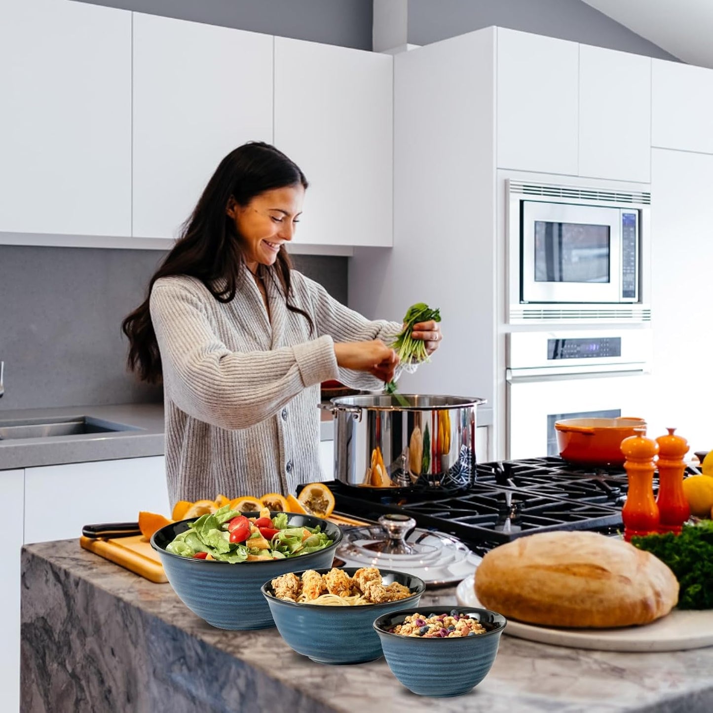 Hasense Mixing Bowls, Ceramic Serving Bowls Set for Cooking, Baking, Prepping, Large Nesting Bowls for Salads, Fruit, Popcorn, Christmas Gift, 2.1/1.5/1.0 Qt, Dishwasher & Microwave Safe, Blue