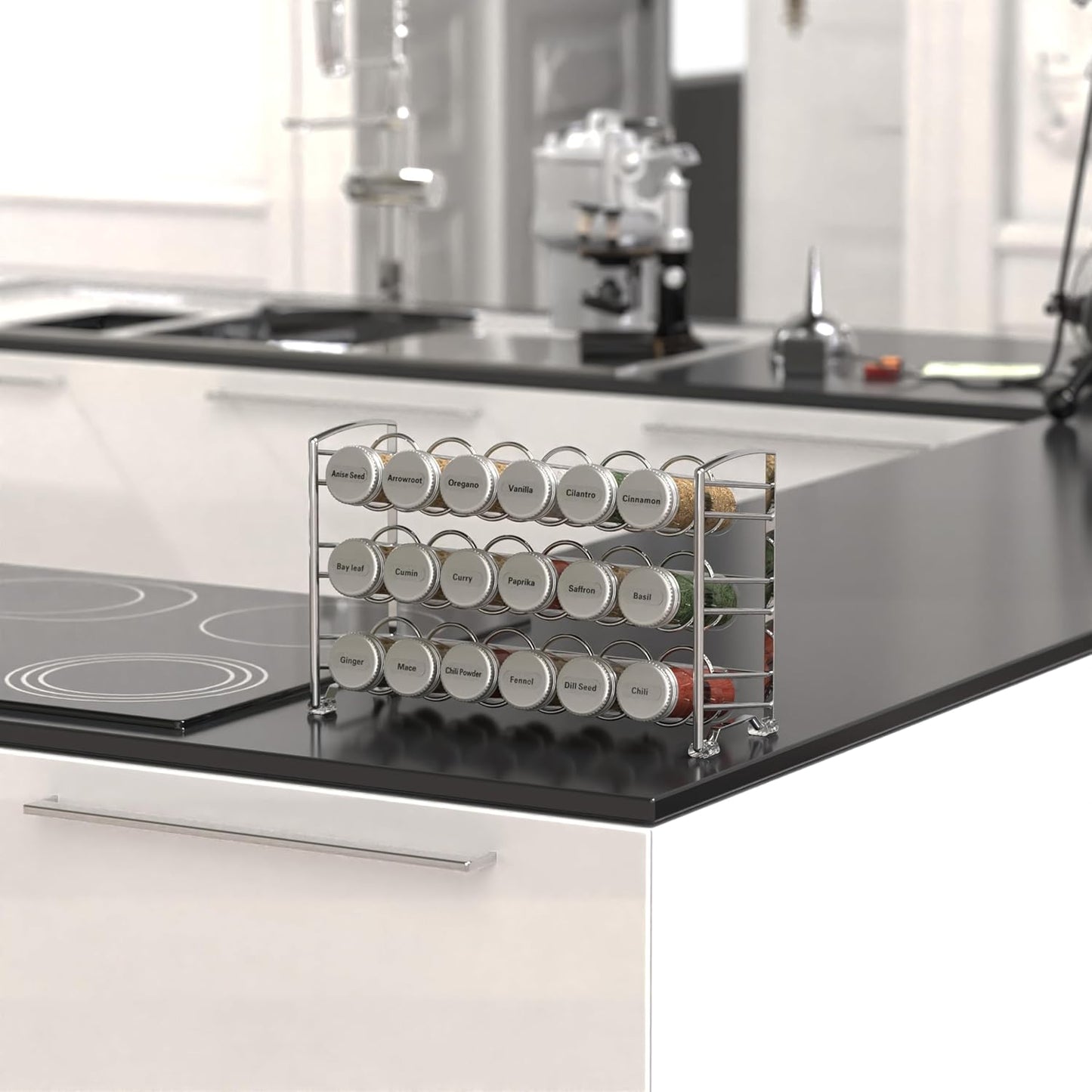 Deco Brothers Spice Rack Stand holder with 18 Bottles and 48 Labels, Chrome