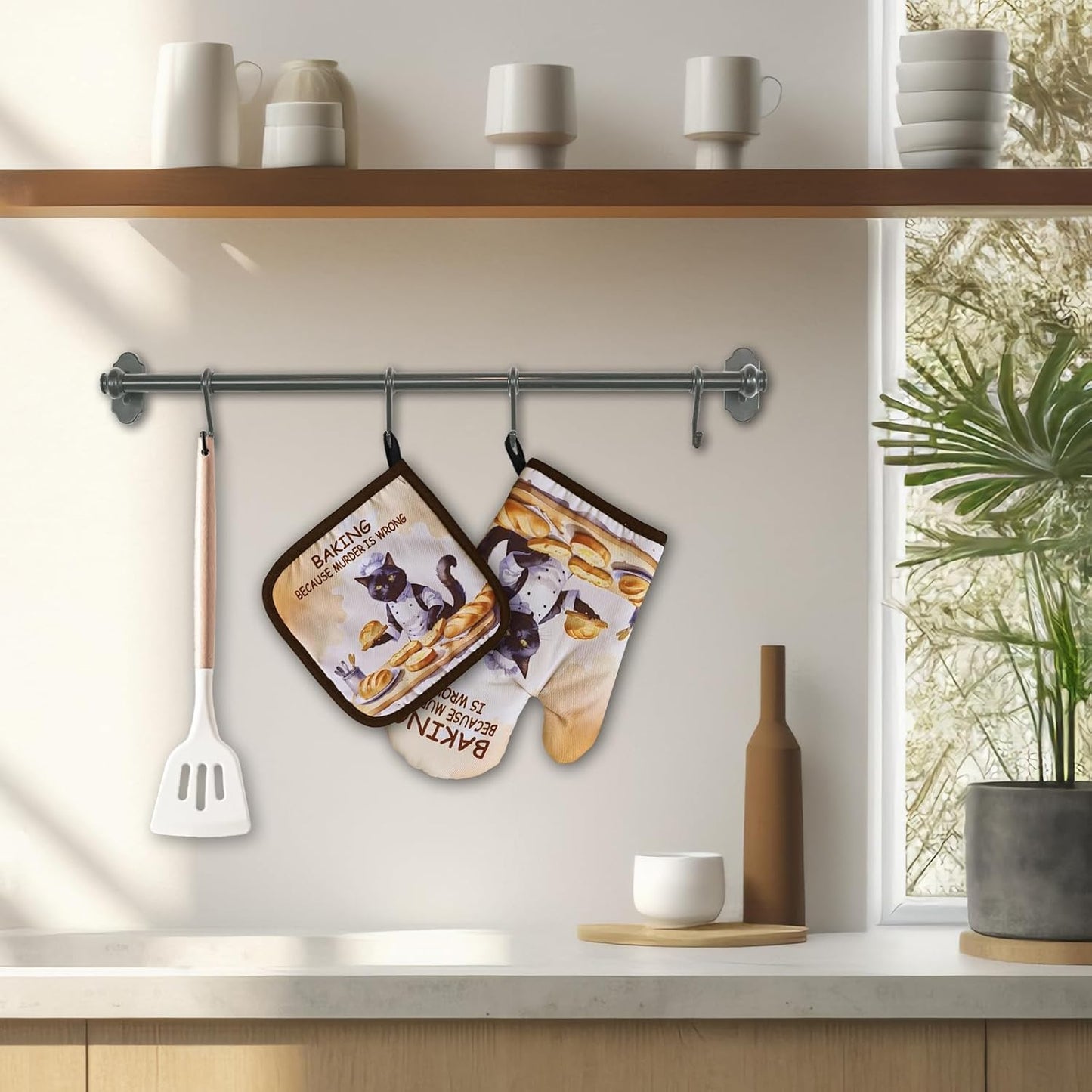 Funny Baking Cat Oven Mitts and Pot Holders（Set of 2） Baking Because Murder is Wrong Baker Mitts for Kitchen Decor Silicone Non-Slip Oven Mitts Cat Lover Gift Birthday Gift for Friend Chef