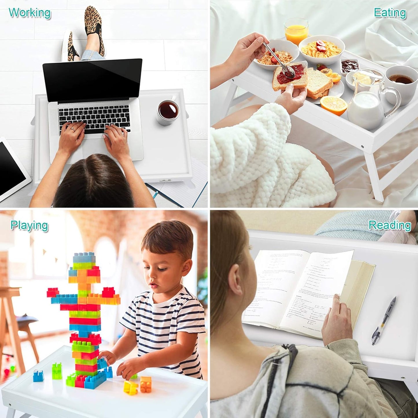 Bamboo Lap Desks Bed Table White Breakfast Tray with Folding Legs Kitchen Serving Tray for Notebook Computer Bed Platters Desk Snack Tray(White)