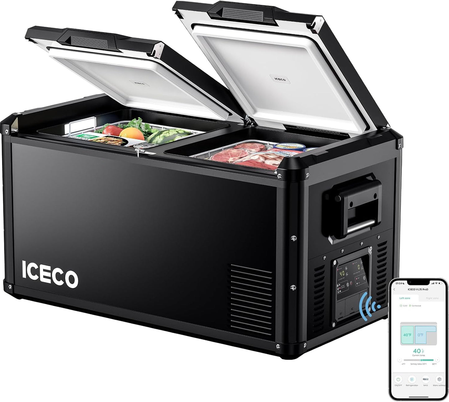 ICECO VL75 ProD Portable Refrigerator, Multi-directional Lid, Dual USB & DC 12/24V, AC 110-240V, 75L Dual Zone Steel Compact Refrigerator Powered by SECOP, 0℉ to 50℉, Home & Car Use [Upgrade]