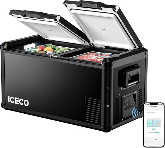 ICECO VL75 ProD Portable Refrigerator, Multi-directional Lid, Dual USB & DC 12/24V, AC 110-240V, 75L Dual Zone Steel Compact Refrigerator Powered by SECOP, 0℉ to 50℉, Home & Car Use [Upgrade]