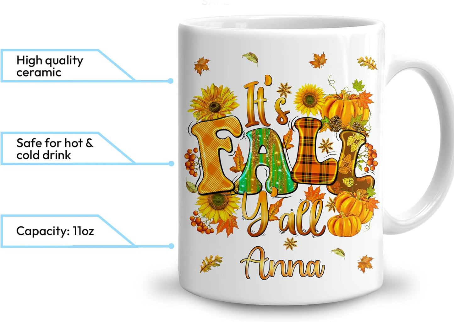 Hyturtle Personalized Fall Autumn Mug Gifts - It's Fall Y'all - Custom Name Coffee Cup Ceramic Mug 11oz 15oz - Autumn Gifts - Fall Thanksgiving Decor Gift - Birthday Christmas