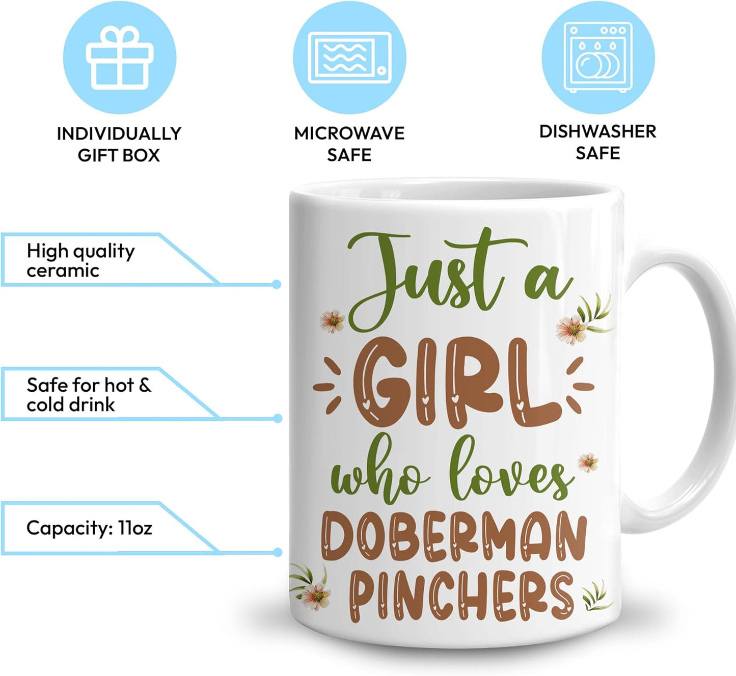 Hyturtle Personalized Gifts Doberman Lover - Just A Girl Who Loves Dobermans Custom Name Ceramic Coffee Mug Cup 11oz - Idea Cute Dog Lover Gifts For Women, Girl Daughter On Birthday, Christmas