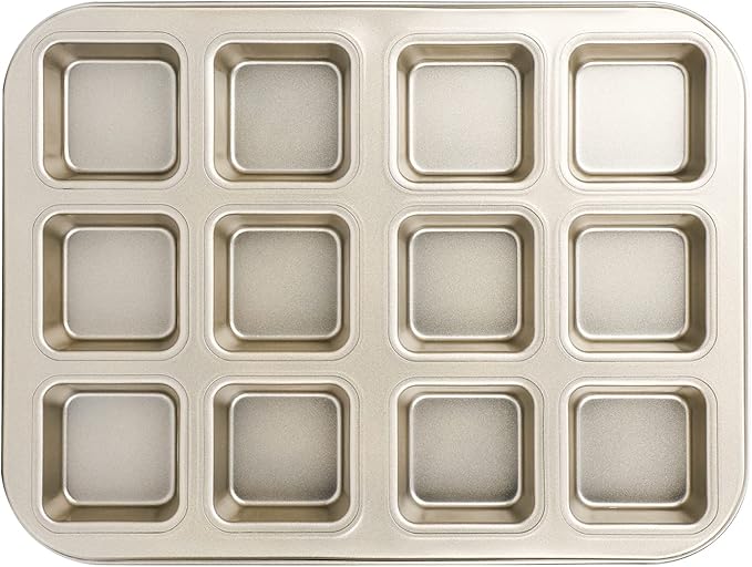 Beasea Brownie Pan with Dividers, 1 Set Gold All Edges Square Cupcake Brownie Pans 12 Cavity Mini Non Stick Baking Carbon Steel Bread Mold Small Edge 3x4 Individual Cutter Sheet Tray for Cake Oven