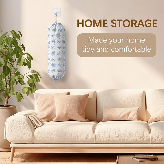 Plastic Bag Holder Dispenser, Plastic Grocery Bag Organizer & Wall Mount Paper Trash Bags Saver Storage for Kitchen Home Pantry Decor - Blue Floral Shopping Bags Storage Dispenser