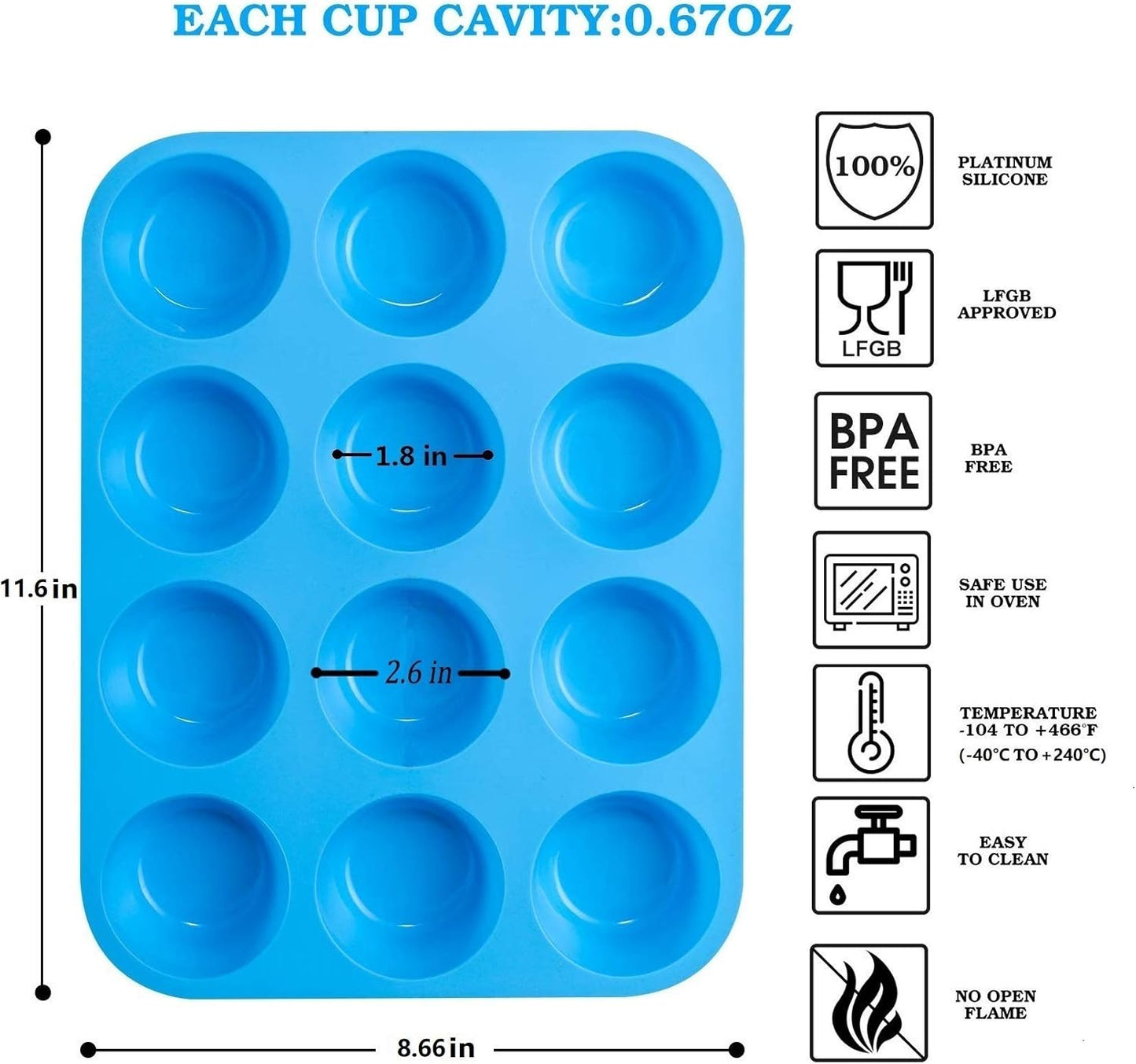 JEWOSTER Non-Sticky Silicone Muffin Pan—Muffin Molder for Muffins and Cupcakes—Cupcake silicone molder—Baking Accessory—12 X Muffin Molders (12-Red+Blue)